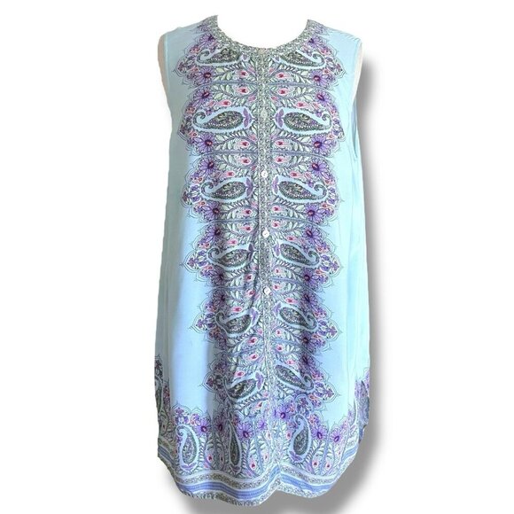 J Jill Womens Tunic Top Sz 1X Blue Paisley Floral Sleeveless Blouse Coastal Boho - Picture 1 of 6
